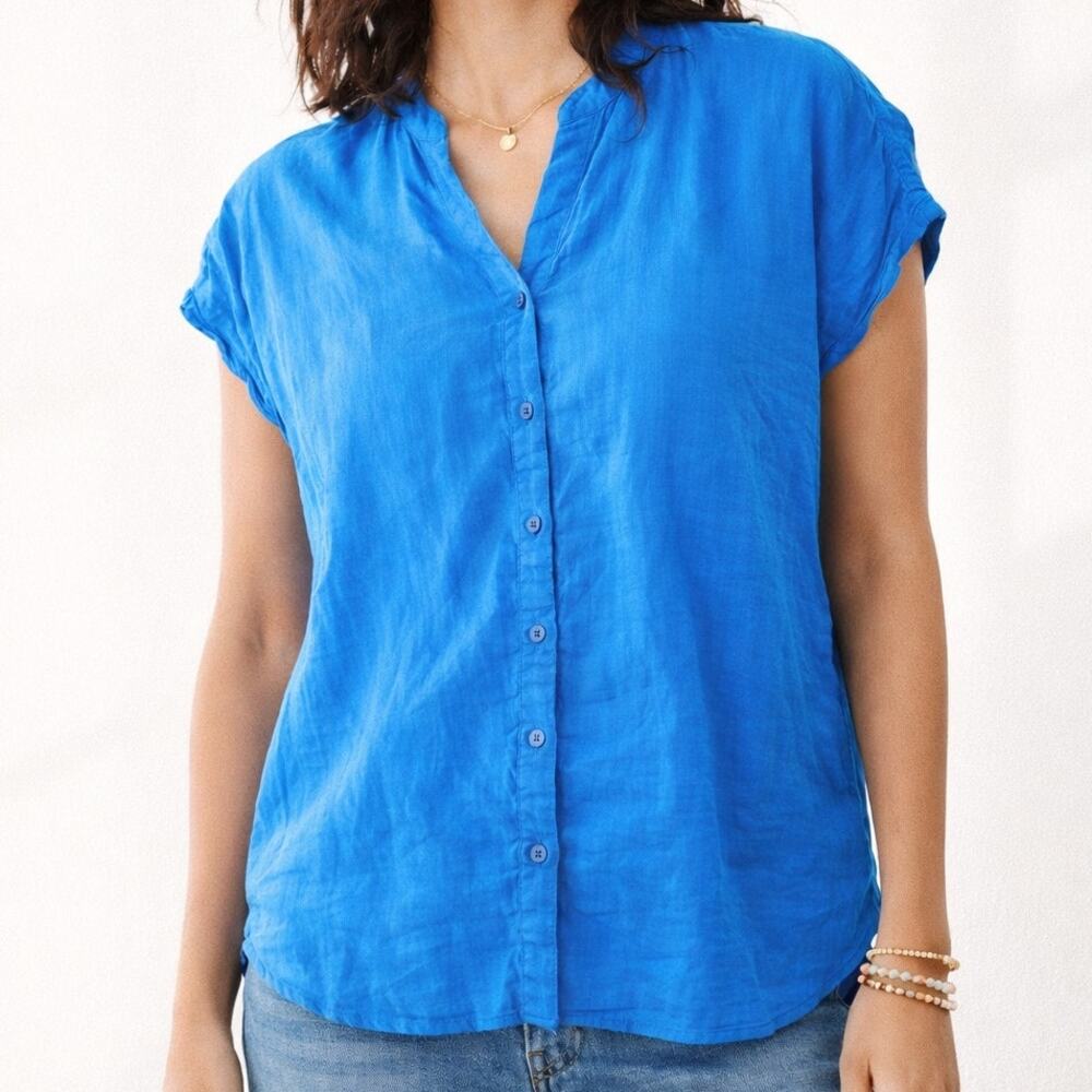 Chico's‎ Size 2 Boho Blue Textured Button Up Blouse Cap Sleeve (US Medium 8/10)